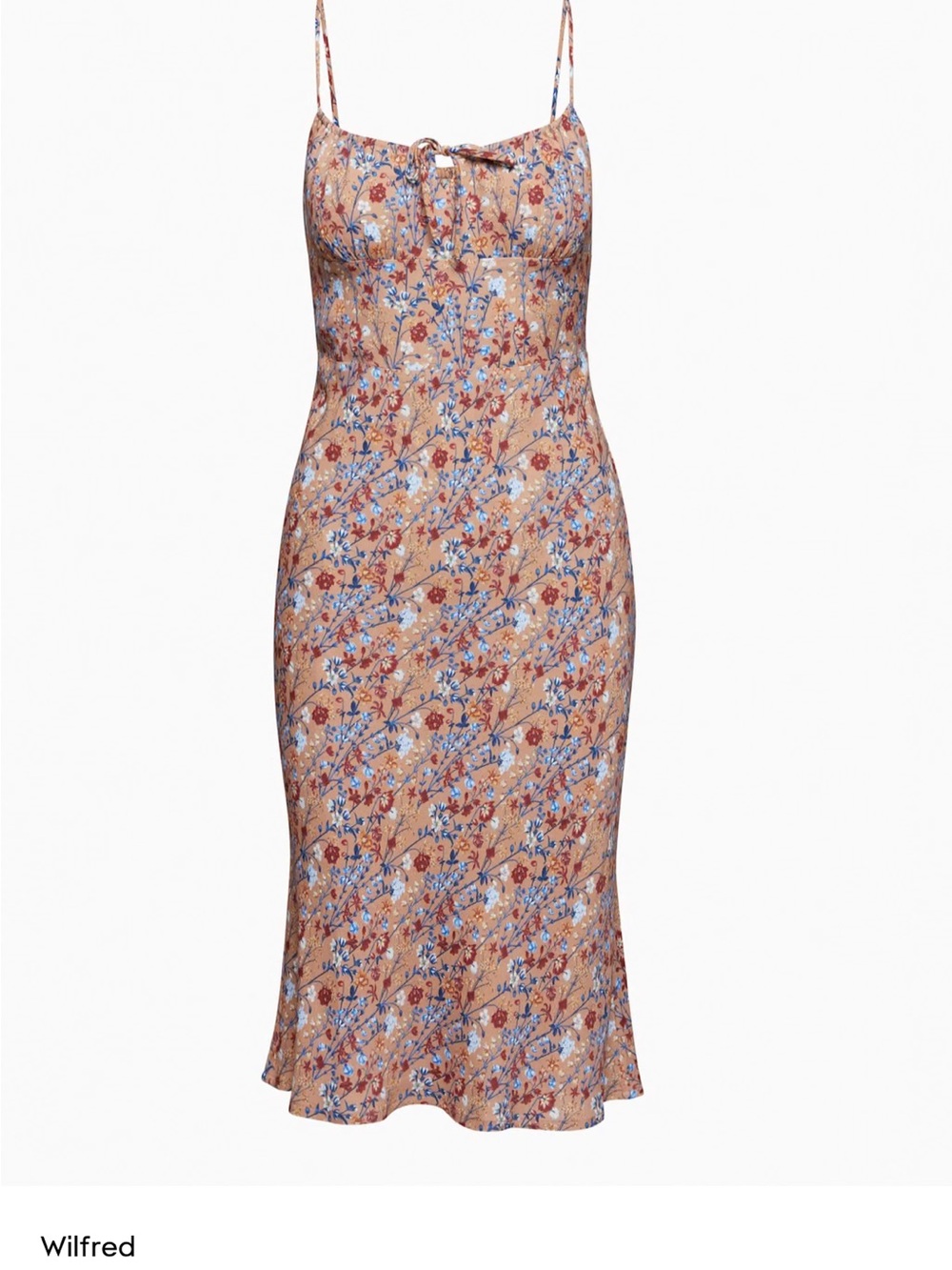 Wilfred Tan Floral Slip Dress with Blue and Rust Accents